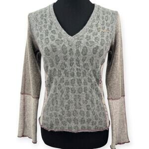 | M | Animal  Print Cashmere V Neck Pullover Sweater Mesh Back Knit Top Leopard
